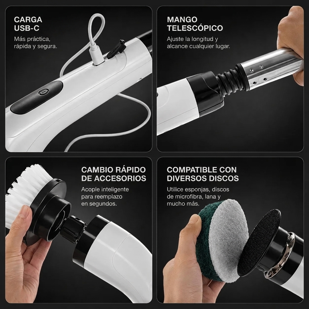 Carga USB-C, mango telescópico y cambio de cabezal del PowerClean360