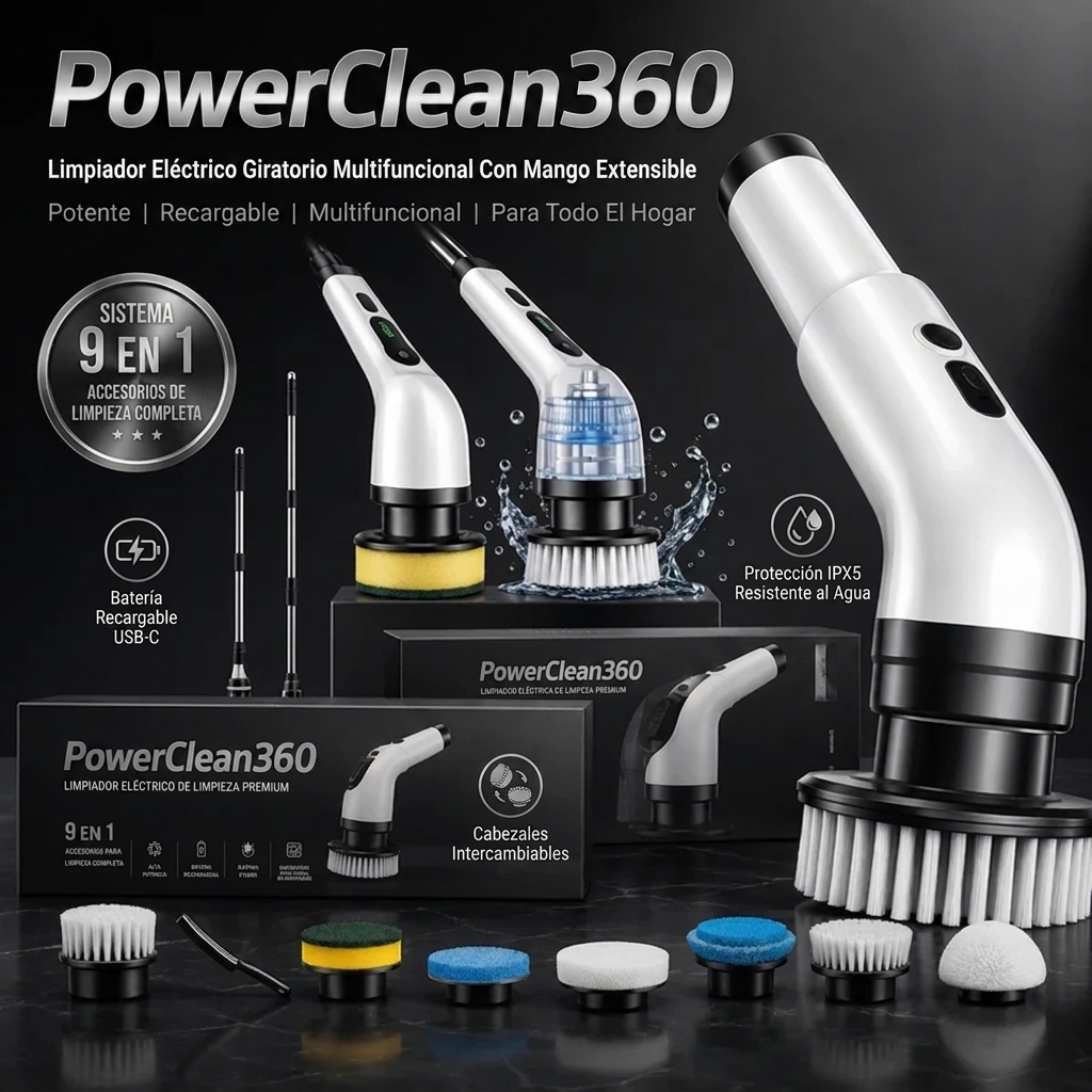 Kit PowerClean360: limpiador eléctrico giratorio con mango extensible y 9 accesorios