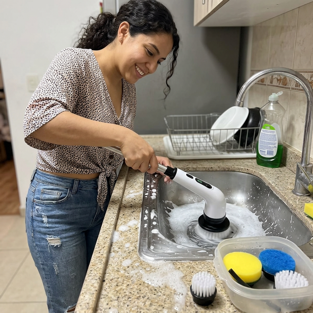 Clienta usando el PowerClean360 en el lavaplatos de su cocina
