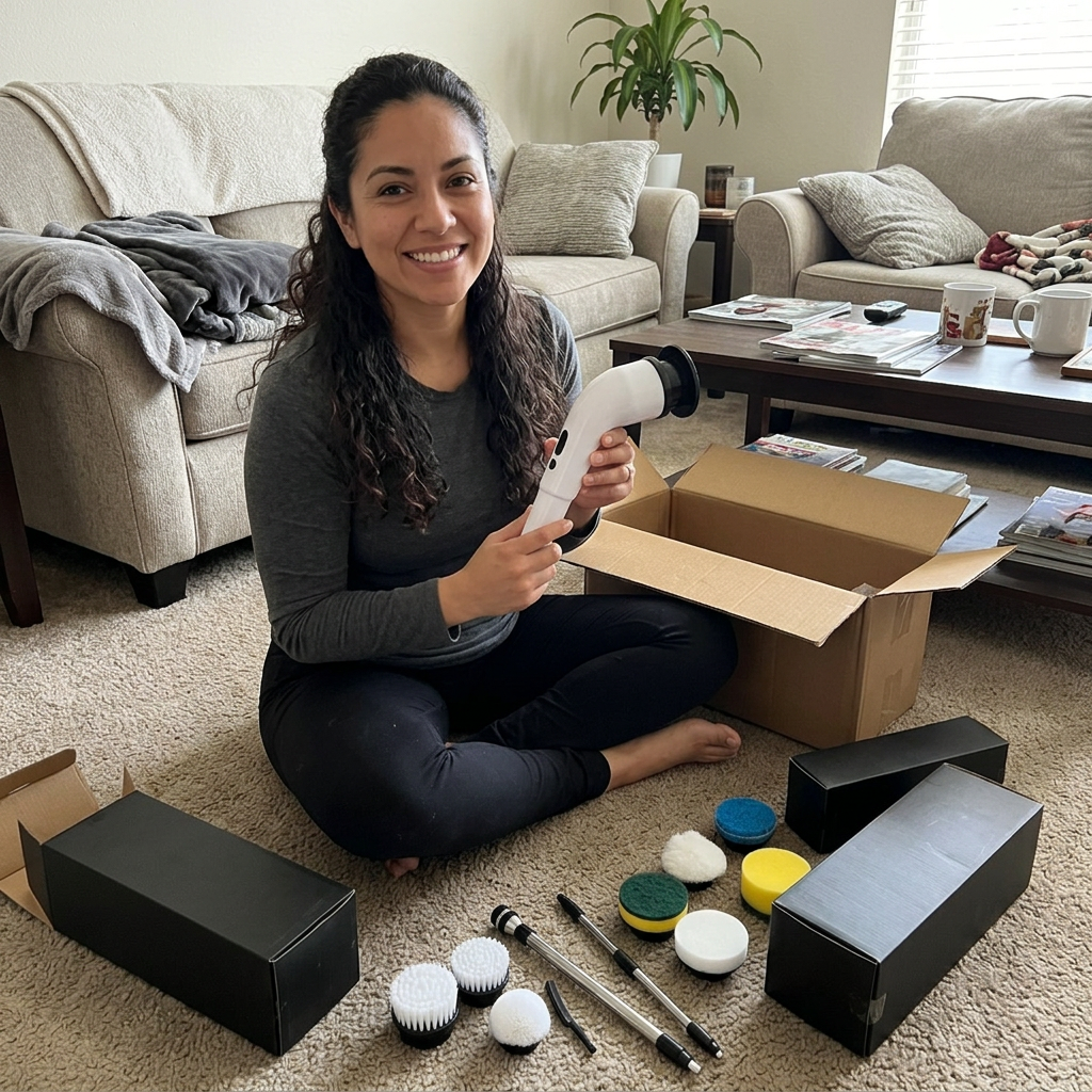 Marcela desembalando su PowerClean360 en casa