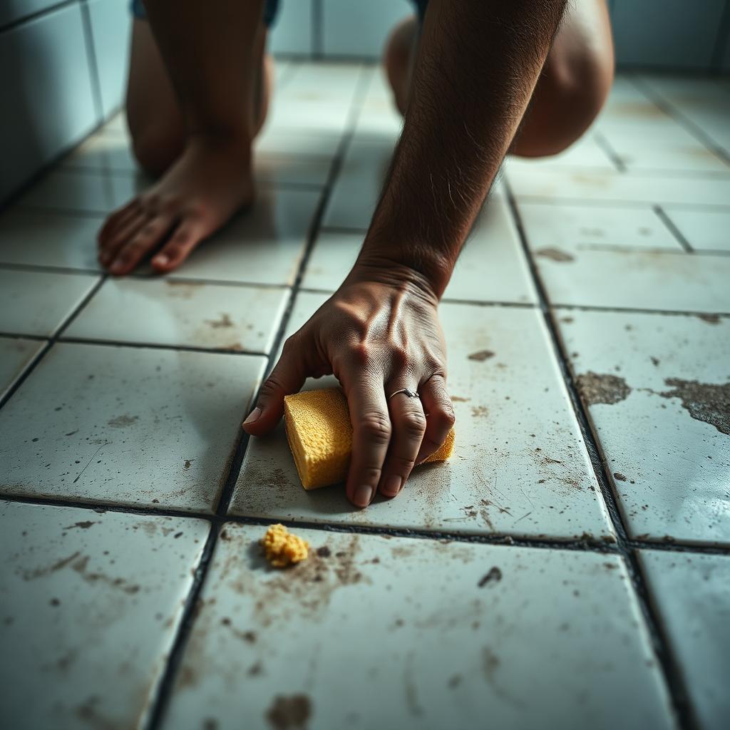 Persona tallando de rodillas el piso sucio del baño con una esponja