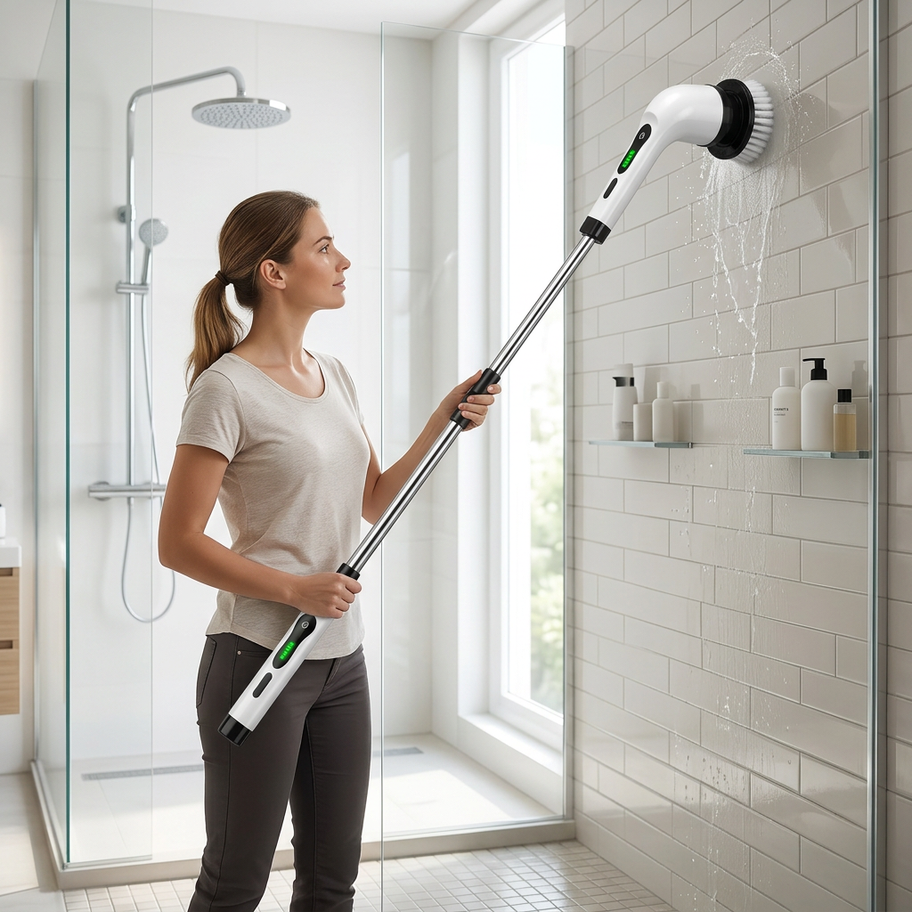 Mujer de pie limpiando la pared de la ducha con el mango extensible del PowerClean360
