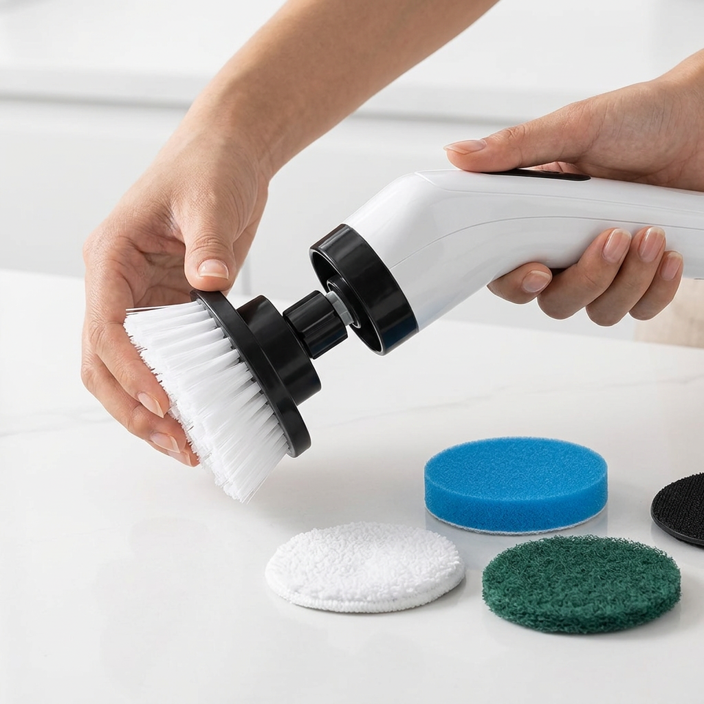 Cambio rápido de accesorios del PowerClean360 con cepillos, esponja y microfibra